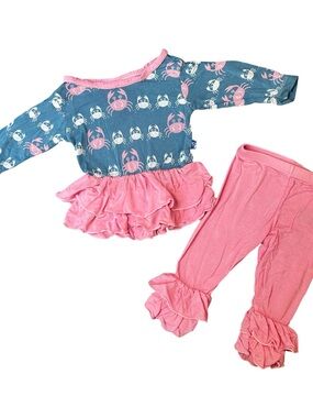 Kicker Pants Light Blue Crab Print Ruffle Baby Outfit with Pink Ruffe Pants